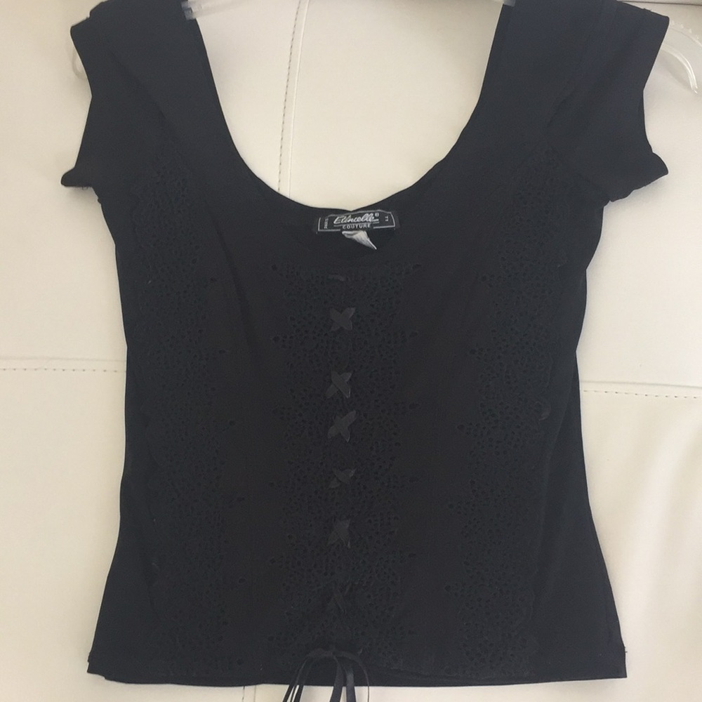 Black couture lacy top ties at the bottom